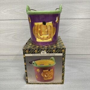 ARTMARK Ceramic‎ Halloween Bucket Candle Lamp Pumpkin Jack O Lantern 4.5x4.25"
